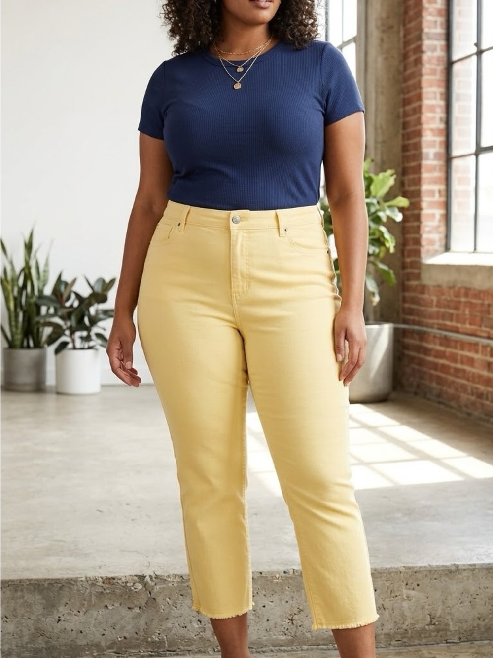 John Mark Pale Yellow High-Rise Cropped Jeans